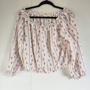 Hiatus Boho Peasant Blouse M White Red Stripe Ruffle Neck Long Sleeve Top